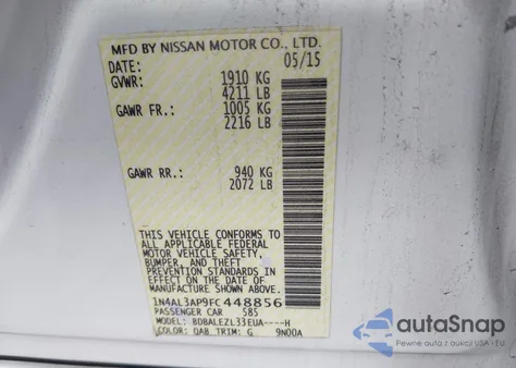 2015 Nissan Altima 2.5 S из США, поврежденный, VIN 1N4AL3AP9FC448856